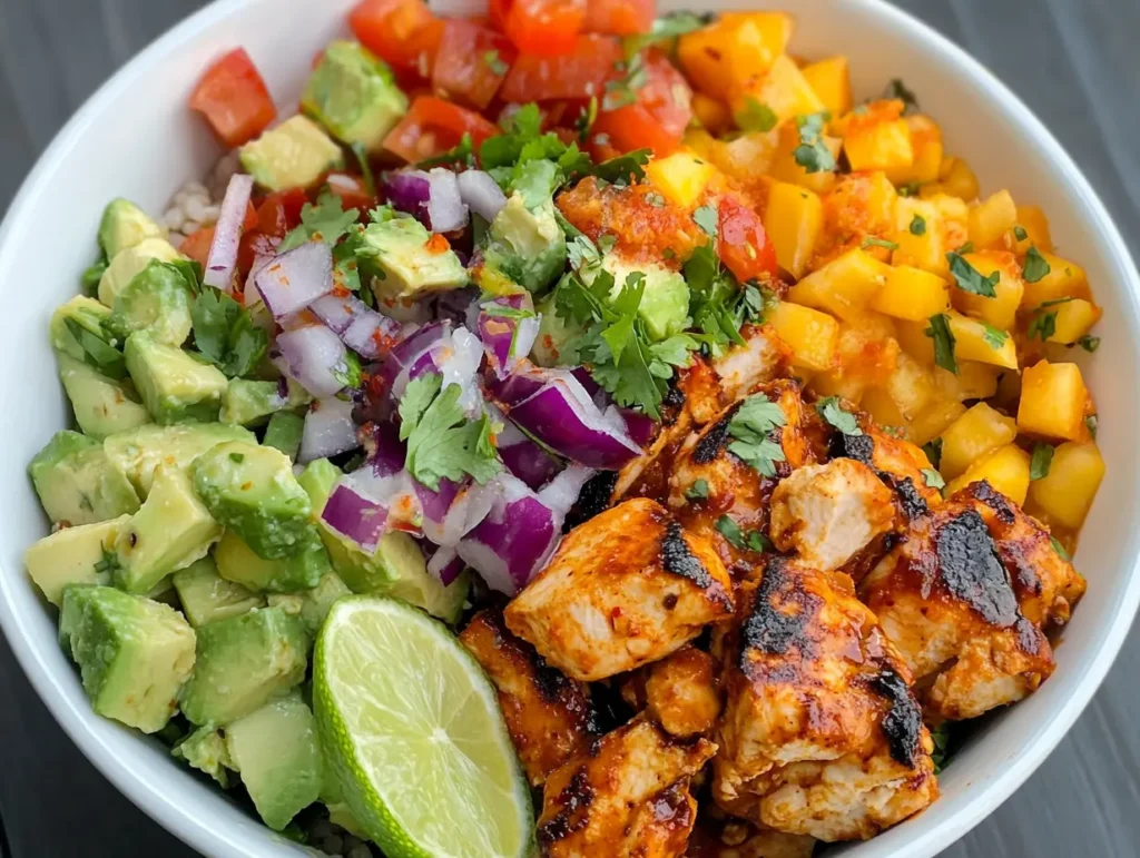 A white bowl filled with chili-lime marinated chicken pieces, diced avocado, red onion, mango, tomatoes, cilantro, and a lime wedge on a bed of rice.