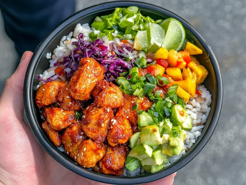 A Chili lime chicken bowls, held in one hand, filled with bite-sized chili-lime chicken pieces topped with sesame seeds, served over white rice. The bowl also contains shredded purple cabbage, diced avocado, fresh mango salsa, lettuce, green onion slices, and lime wedges.